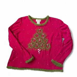 Vtg Christmas Tree and Wreath Sweater Hot Pink Size XL